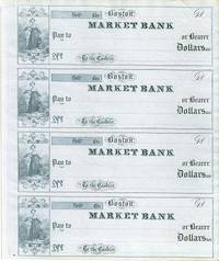Item #032205 Four unused, engraved checks, drawn on the Market Bank, Boston. Boston / Market Bank...