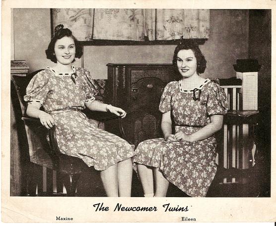 Item #032739 PRINT FROM PHOTOGRAPH, SHOWING MAXINE AND EILEEN NEWCOMER SEATED ON CHAIRS IN FRONT OF A CONSOLE RADIO. Newcomer Twins.