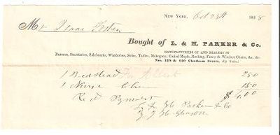 Item #033519 1838 PRINTED & HANDWRITTEN RECEIPT FROM L.&H. PARKER & CO.: Manufacturers of and Dealers in Bureaus, Secretaries, Sideboards, Wardrobes, Sofas, Tables, Mahogany, Curley Maple, Rocking, Fancy & Windsor Chairs, &c., &c. Nos. 118 & 120 Chatham Street (Up Stairs). L. and H. Parker.