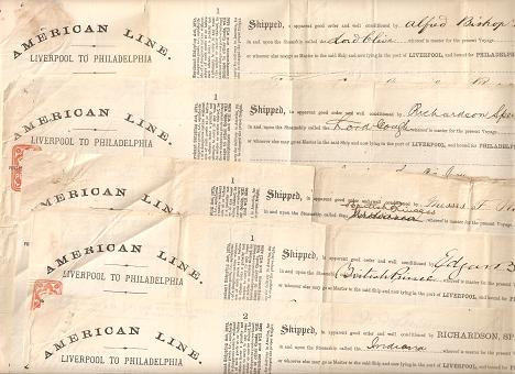 Item #034418 AMERICAN LINE, LIVERPOOL TO PHILADELPHIA -- Five (5) shipping manifests/ bills of lading, specifying the goods shipped and the steamship carrying each shipment:; Issued by Richardson, Spence & Co, European Agents. American Line.