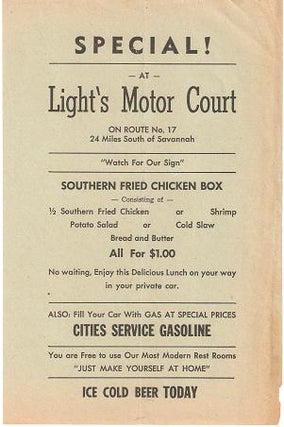 Item #035116 SPECIAL! AT LIGHT'S MOTOR COURT - ON ROUTE 17 - 24 MILES SOUTH OF SAVANNAH -...