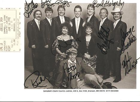 Item #035206 SIGNED, PROFESSIONAL PHOTOGRAPH OF THE 10 MEN AND WOMEN WHO MAKE UP CAMPBELL'S OZARK COUNTRY JUBILEE:; Signed boldly in black ink by all 10 members of the group. With ticket stub from show. Campbell's Ozark Country Jubilee.