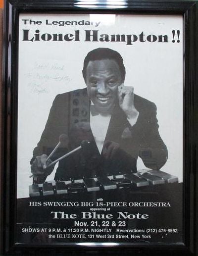 Item #035419 SIGNED POSTER: THE LEGENDARY LIONEL HAMPTON!! WITH HIS SWINGING BIG 18-PIECE ORCHESTRA:; Appearing at The Blue Note, Nov. 21, 22 & 23 ... 131 West 3rd Street, New York. Lionel Leo Hampton.
