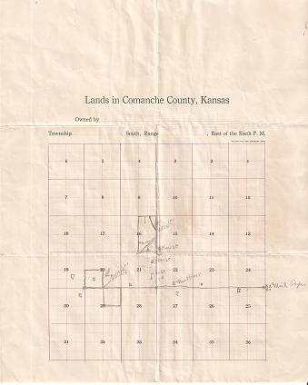 Item #035747 LANDS IN COMANCHE COUNTY, KANSAS:; Grid of 36 tracts, three marked as settled. Comanche County Kansas.