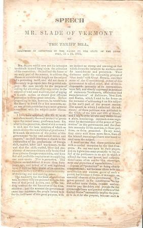 Item #036087 SPEECH OF MR. SLADE OF VERMONT ON THE TARIFF BILL,; Delivered in Committee of the Whole on the State of the Union, July 11 & 12, 1842. William Slade.