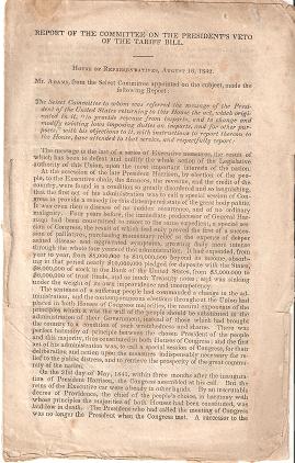 Item #036120 REPORT OF THE COMMITTEE ON THE PRESIDENT'S VETO OF THE TARIFF BILL:; House of Representatives, August 16, 1842. John Quincy Adams.