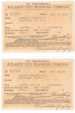 Item #036177 TWO (2) FREE PASSES ISSUED TO A TRANSITMAN FOR THE READING RAILROAD, BY THE ATLANTIC CITY RAILROAD COMPANY IN 1928. Atlantic City Railroad.