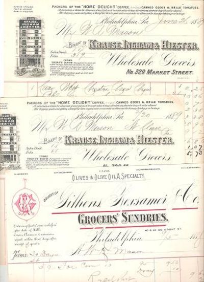Item #036395 GROUP OF THREE (3) RECEIPTS FOR VARIOUS FOODS PURCHASED BY W.R. MASON FROM TWO PHILADELPHIA FIRMS, 1888-1889. Philadelphia Pennsylvania.