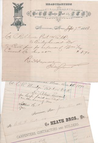 Item #036603 1883-1890 GROUP OF THREE (3) HANDWRITTEN RECEIPTS TO COL. C.R. MUDGE, POST 114, G.A.R., MERRIMAC, MASSACHUSETTS. C. R. Mudge.