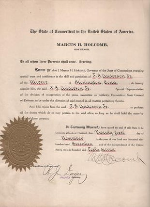 Item #036622 DOCUMENT SIGNED BY THE GOVERNOR OF CONNECTICUT, APPOINTING A JOURNALIST TO THE STATE...