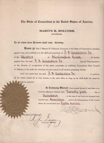 Item #036622 DOCUMENT SIGNED BY THE GOVERNOR OF CONNECTICUT, APPOINTING A JOURNALIST TO THE STATE COUNCIL OF DEFENSE, 21 November 1917. Marcus H. Connecticut / Holcomb.