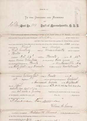 Item #036734 APPLICATION OF WILLIAM H. THOMAS, LATE CORPORAL, CO. K, 12th REG'T MAINE VOLS, FOR MEMBERSHIP IN THE GRAND ARMY OF THE REPUBLIC:; Printed form, accomplished by hand. Grand Army of the Republic.