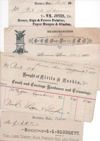 Item #036741 GROUP OF TEN (10) RECEIPTS ON VARIOUS BILLHEADS, WRITTEN AT MERRIMAC, MASSACHUSETTS, 1883-1910. Merrimac Massachusetts.
