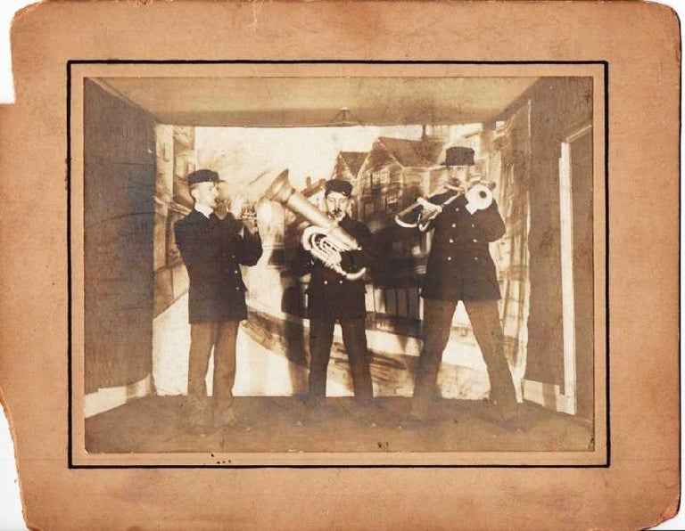 Item #037105 GROUP PHOTOGRAPH OF THE THREE MEMBERS OF THIS UNUSUAL BRASS BAND, COMPRISING CORNET, TUBA, AND SLIDE TROMBONE. Waffenfoofen Band.