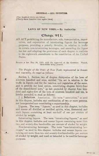 Item #038019 LAWS OF NEW YORK...CHAP. 11: AN ACT PROHIBITING THE MANUFACTURE, SALE, TRANSPORTATION, IMPORTATION, AND EXPORTATION OF INTOXICATING LIQUORS ...; Printed by Order of the House of Assembly. New York.