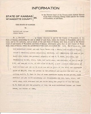 Item #038030 1920 TYPEWRITTEN ARREST REPORT, STATE OF KANSAS VS. McCLELLAND FARMER AND JESSE...