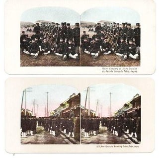 Item #038113 TWO (2) FULL-COLOR STEROSCOPE CARDS SHOWING JAPANESE ARMY TROOPS. Tokyo Japan