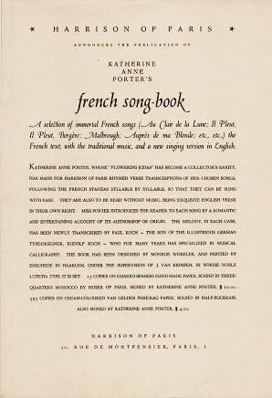 Item #038199 HARRISON OF PARIS ANNOUNCES THE PUBLICATION OF KATHERINE ANNE PORTER'S FRENCH SONG BOOK. Katherine Anne Porter.