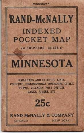 Item #038291 RAND-McNALLY INDEXED POCKET MAP AND SHIPPERS' GUIDE OF MINNESOTA: Railroads, Electric Lines, Post Offices, Express, Telegraph and Mail Service; Counties, Congressional Townships, Cities, Towns, Villages, Islands, Lakes, Rivers, Creeks, etc.; Population according to the latest official census. Minnesota.