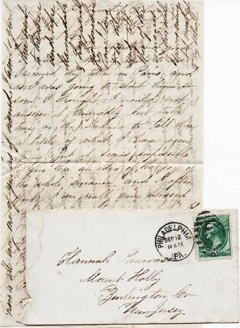 Item #038357 1877 HANDWRITTEN LETTER (ALS) WRITTEN ABOARD THE STEAMSHIP "BOLIVIA" BY A QUAKER WOMAN RETURNING HOME FROM TRAVELS IN EUROPE , ADDRESSED TO HANNAH PANCOAST AT MOUNT HOLLY, NEW JERSEY. Anonymous.