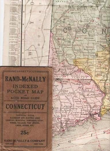 Item #038380 RAND-McNALLY INDEXED POCKET MAP AND AUTO ROAD GUIDE--CONNECTICUT:; Shippers' Guide, Railroads and Electric Lines, Counties, Municipal Townships, Cities, Towns, Villages, Post Offices, Lakes, Rivers, etc. Connecticut.