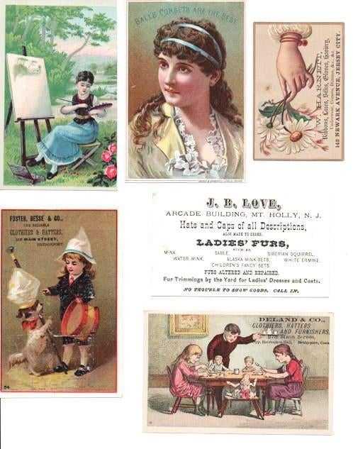 Item #038929 GROUP OF SIX CARDS PRINTED IN FULL COLOR. Clothing Trade Cards.