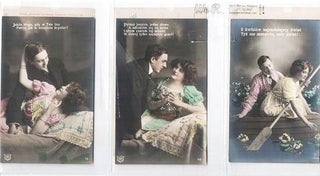 Item #038974 SUITE OF SIX (6) SILVER GELATIN, COLOR-EMBELLISHED POSTCARDS SHOWING COUPLES IN...