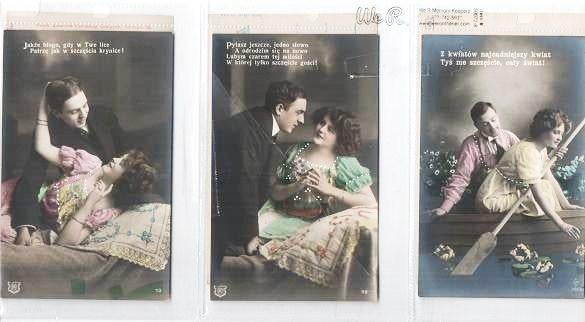 Item #038974 SUITE OF SIX (6) SILVER GELATIN, COLOR-EMBELLISHED POSTCARDS SHOWING COUPLES IN VARIOUS ROMANTIC POSES. Polish American Publishing Co.