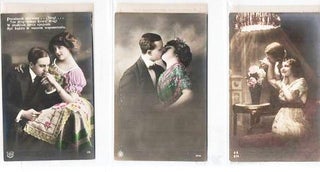 SUITE OF SIX (6) SILVER GELATIN, COLOR-EMBELLISHED POSTCARDS SHOWING COUPLES IN VARIOUS ROMANTIC POSES