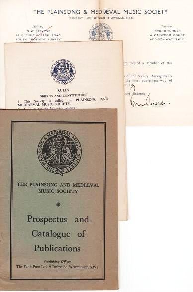 Item #039120 PROSPECTUS AND CATALOGUE OF PUBLICATIONS [with three ephemeral items]. Plainsong, Medieval Music Society.