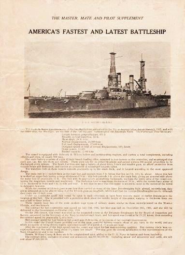 Item #039131 AMERICA'S FASTEST AND LATEST BATTLESHIP--U.S.S. SOUTH CAROLINA:; The Master, Mate and Pilot Supplement. Mates and Pilots American Association of Masters.