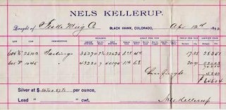 Item #039282 1892 SILVER ORE RECEIPT ON THE BILLHEAD OF NELS KELLERUP--BLACK HAWK, COLORADO....