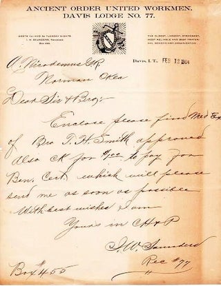 Item #039419 1904 HANDWRITTEN LETTER (ALS) ON LETTERHEAD WITH LOGO OF THE ANCIENT ORDER UNITED...