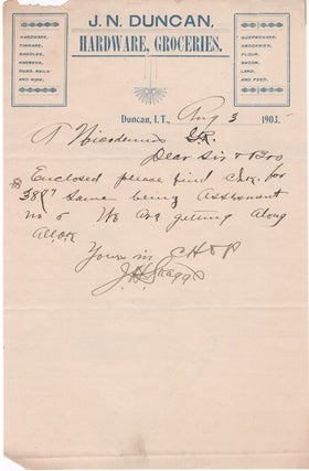 1903-1907 GROUP OF NINE (9) HANDWRITTEN LETTERS AND RECEIPTS ON LETTERHEADS AND BILLHEADS FROM VARIOUS INDIAN TERRITORY SETTLEMENTS.