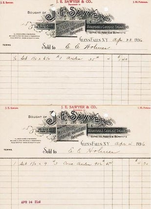 Item #039430 TWO (2) RECEIPTS ON THE ENGRAVED BILLHEADS OF J.E. SAWYER, DEALER IN WOODWORK &...