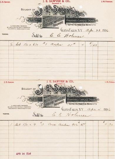 Item #039430 TWO (2) RECEIPTS ON THE ENGRAVED BILLHEADS OF J.E. SAWYER, DEALER IN WOODWORK & CARRIAGE TRIMMINGS. J. E. Sawyer.