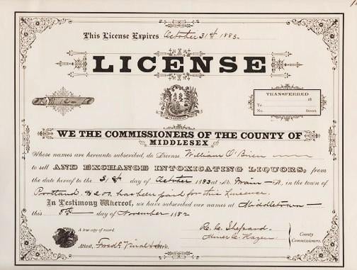 Item #039432 TAVERN LICENSE - ISSUED BY THE COMMISSIONERS OF MIDDLESEX COUNTY "TO SELL AND EXCHANGE INTOXICATING LIQUORS," dated November, 1882.; Expires October 31, 1883. Middletown Connecticut.