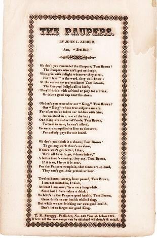 Item #039444 Song sheet: THE PAUPERS. By John L. Zieber. Air.--"Ben Bolt." Paupers.