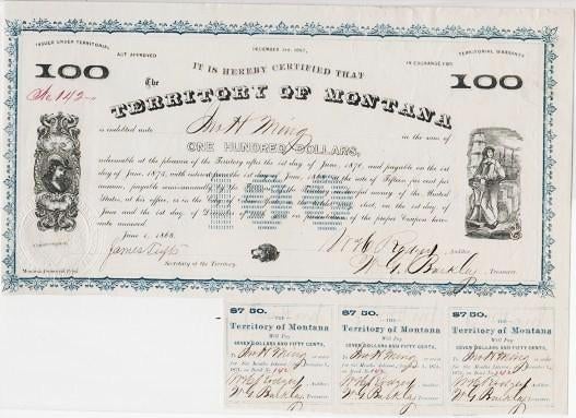 Item #039678 1868 TERRITORY OF MONTANA BOND AND COUPONS, SIGNED BY JAMES TUFTS, GOVERNOR OF MONTANA TERRITORY, AND BY OTHER TERRITORIAL OFFICIALS. Montana Territory.
