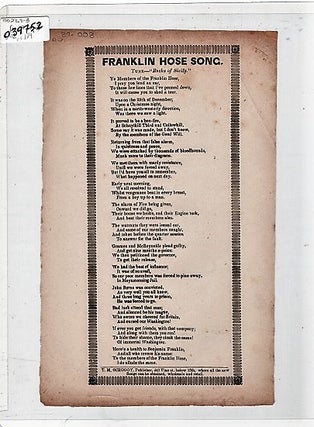 Item #039752 Song sheet: FRANKLIN HOSE SONG. Tune--"Rocks of Sicily." Franklin Hose