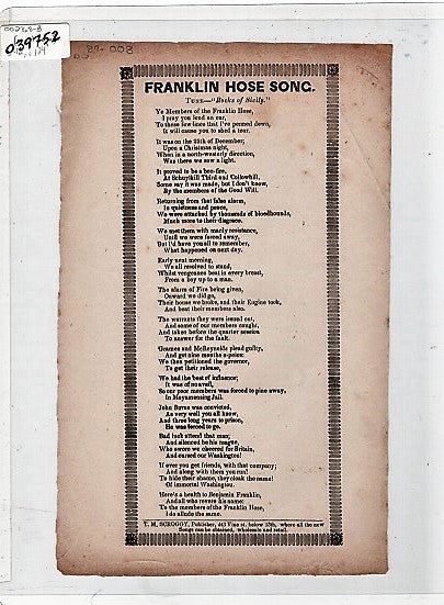 Item #039752 Song sheet: FRANKLIN HOSE SONG. Tune--"Rocks of Sicily." Franklin Hose.