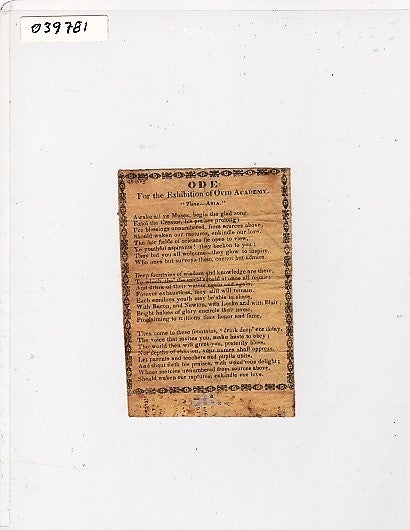 Item #039781 Song sheet: ODE FOR THE EXHIBITION OF OVID ACADEMY. "Tune--Asia." Ode for the Exhibition.