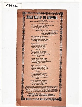 Item #039786 Song sheet: INDIAN MAID OF THE CHAPPARAL. Air--Mary Blane. Written and sung by...