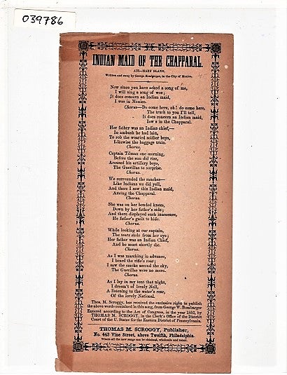 Item #039786 Song sheet: INDIAN MAID OF THE CHAPPARAL. Air--Mary Blane. Written and sung by George Bombarger, in the City of Mexico. Indian Maid.