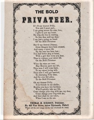 Item #039821 Song sheet: THE BOLD PRIVATEER. Bold Privateer