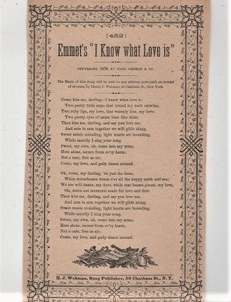 Item #039822 Song sheet: EMMET'S "I KNOW WHAT LOVE IS." Copyright 1879 by John Church & Co. Emmet's.