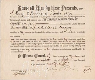 Item #039886 PRINTED TRANSFER OF 71 SHARES IN THE UNITED N.J. R.R. & CANAL COMPANY FROM HENRY P....