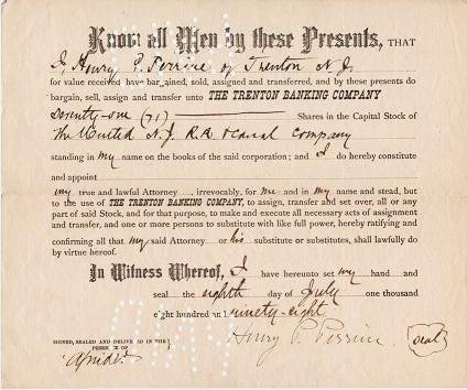 Item #039886 PRINTED TRANSFER OF 71 SHARES IN THE UNITED N.J. R.R. & CANAL COMPANY FROM HENRY P. PERRINE OF TRENTON, NJ TO THE TRENTON BANKING COMPANY AS HIS ATTORNEY, 8 JULY 1898. New Jersey / United New Jersey Railroad, Canal Company.