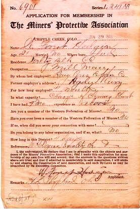 1915 APPLICATION FOR MEMBERSHIP IN THE MINERS' PROTECTIVE ASSOCIATION. Cripple Creek Colorado.