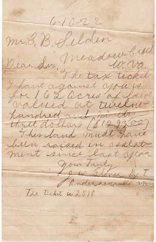 Item #039933 AUTOGRAPH LETTER SIGNED TO MR. C.B. SELDEN AT MEADOW CREEK, W. VA., DATED 6-10-22. J. W. Glover.
